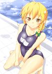  alternate_breast_size barefoot blush braid breasts cleavage collarbone kirisame_marisa kneeling large_breasts long_hair no_hat no_headwear one-piece_swimsuit pool poolside school_swimsuit side_braid single_braid smile solo swimsuit touhou yasojima_nejiro yellow_eyes 