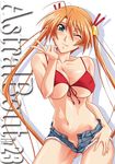  bell bikini blush breasts cleavage heterochromia kagurazaka_asuna mahou_sensei_negima! mutou_keiji navel orange_hair short_shorts shorts solo swimsuit twintails underboob wink 