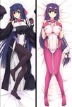  1girl asama_tomo bed black_hair black_legwear bodysuit breasts csai dakimakura female fingerless_gloves gloves green_eyes heterochromia kyoukai_senjou_no_horizon kyoukaisenjou_no_horizon pink_legwear red_eyes solo 