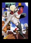  ass battle blonde_hair blood freya_senki fujiwara_hisashi green_eyes multiple_girls sword thighhighs weapon 