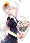  :d ^_^ ahoge anceril_sacred bad_id bad_pixiv_id blush bouquet closed_eyes dress flower hair_flower hair_ornament holding long_hair looking_at_viewer mishima_kurone open_mouth original shirokami_project silver_hair simple_background smile solo sunflower very_long_hair white_background white_hair 