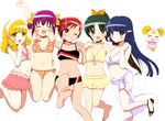  aoki_reika barefoot bikini bikini_skirt bow candy_(smile_precure!) hairband hino_akane_(smile_precure!) hoshizora_miyuki jumping kise_yayoi midorikawa_nao mozuya_murasaki multiple_girls pink_bow precure sarong smile_precure! swimsuit white_hairband white_sarong 