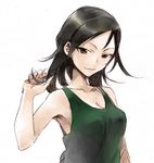  armpits bad_id bad_pixiv_id black_hair green_eyes idolmaster idolmaster_cinderella_girls ikuhana_niiro normal_trainer simple_background smile solo tank_top trainer_(idolmaster) 