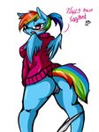  anthrofied avante92 blue_body blush bottomless butt clothed clothing english_text equine eyewear female friendship_is_magic glasses hair half-dressed looking_at_viewer looking_back mammal multi-colored_hair my_little_pony nerd panties panties_down pegasus plain_background pullover pussy rainbow_dash_(mlp) rainbow_hair solo standing text underwear white_background wings 