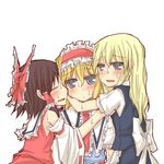  alice_margatroid blush closed_eyes group_hug hakurei_reimu hat hug kirisame_marisa multiple_girls natsuk open_mouth short_hair sweat touhou witch_hat yellow_eyes 