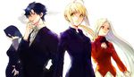  3girls ahoge artoria_pendragon_(all) bad_id bad_pixiv_id black_hair blonde_hair emiya_kiritsugu fate/zero fate_(series) formal green_eyes hisau_maiya irisviel_von_einzbern long_hair multiple_girls ponytail red_eyes ruondea saber short_hair simple_background suit white_background white_hair 