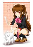  bow brown_hair cat lennon little_busters! long_hair natsume_rin ninamo paper pink_bow plaid plaid_skirt ponytail school_uniform skirt solo squatting translated 