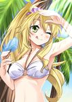  armpits bikini_top blonde_hair blush breasts collarbone food green_eyes hoshii_miki idolmaster idolmaster_(classic) light_rays long_hair medium_breasts miri_(ago550421) o-ring o-ring_top one_eye_closed palm_tree popsicle shading_eyes smile solo sunbeam sunlight swimsuit tongue tongue_out tree upper_body 