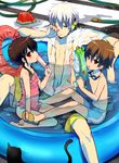  2boys amamiya_hibiya asahina_hiyori brown_hair cat child food fruit goggles headphones kagerou_days_(vocaloid) kagerou_project kl konoha_(kagerou_project) konoha_no_sekai_jijou_(vocaloid) male_swimwear multiple_boys one-piece_swimsuit open_clothes open_shirt partially_submerged ponytail pool shirt short_hair sitting snorkel swim_trunks swimsuit swimwear twintails wading_pool water watermelon 