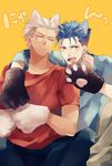 amakura_(am_as) animal_ears archer blue_hair cat_ears earrings fate/stay_night fate_(series) gloves jewelry lancer long_hair male_focus multiple_boys paw_gloves paws ponytail red_eyes tan white_hair 