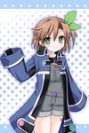  arm_up bandaid blush bow brown_hair buttons cellphone child ears green_eyes hair_bow hair_ornament highres if_(choujigen_game_neptune) kami_jigen_game_neptune_v long_sleeves looking_at_viewer neptune_(series) phone short_hair sleeves_past_wrists smile solo whitey 