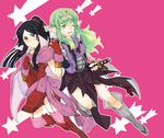  :d black_hair blush boots cape chiki chiki_(cosplay) cosplay costume_switch dress dress_tug embarrassed fire_emblem fire_emblem:_kakusei fire_emblem:_monshou_no_nazo fur_trim garter_straps green_eyes green_hair grey_eyes hair_ribbon holding_hands ika_(hinatu1992) interlocked_fingers japanese_clothes katana kimono long_hair mamkute multiple_girls one_eye_closed open_mouth pink_legwear pointy_ears ponytail ribbon sairi sairi_(cosplay) sairi_(fire_emblem) sash smile star sword thigh_boots thighhighs wavy_mouth weapon 