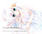  anceril_sacred bad_id bad_pixiv_id blush breasts cleavage dress english flower green_eyes hair_flower hair_ornament happy_birthday kanora long_hair looking_at_viewer lying medium_breasts on_side original shirokami_project smile solo sundress white_background 