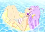  ahoge blush crescent crescent_hair_ornament hair_ornament kasumisometsuki long_hair partially_submerged patchouli_knowledge purple_eyes purple_hair solo star swimsuit touhou water 