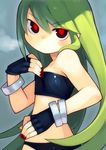  bachera bangs bare_shoulders bracelet bright_pupils fingerless_gloves fingernails flat_chest gloves green_hair jewelry long_hair looking_at_viewer nail_polish original red_eyes solo strapless tubetop 