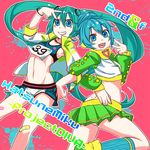  39 aqua_eyes aqua_hair bandaid bandaid_on_knee character_name grin hatsune_miku hekopon jersey_(module) long_hair midriff multiple_girls open_mouth print_bandaid project_diva_(series) project_diva_2nd project_diva_f skirt smile twintails v very_long_hair vocaloid 