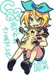  artist_name blonde_hair bow cat fang green_eyes hair_bow holding kagamine_rin midriff negi_(ulog'be) open_mouth outline paw_print sandals short_hair shorts smile text_focus vocaloid white_background 