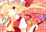  ajiriko ascot asymmetrical_hair bad_id bad_pixiv_id banned_artist blonde_hair crystal fang flandre_scarlet hat hat_ribbon laevatein one_eye_closed puffy_sleeves red_eyes ribbon short_sleeves side_ponytail smile solo touhou wings 