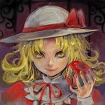  absurdres apple blonde_hair elly face food fruit hat hat_ribbon highres nail_polish peninsula_(disappearedstump) puffy_sleeves ribbon short_hair smile solo touhou touhou_(pc-98) yellow_eyes 