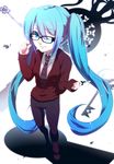  aqua_eyes aqua_hair bad_id bad_pixiv_id bespectacled foreshortening fusuma_(not_found) glasses hatsune_miku key long_hair necktie one_eye_closed pants solo twintails very_long_hair vocaloid 