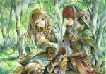  1girl acrylic_paint_(medium) alicia_(valkyrie_profile_2) blonde_hair blue_eyes boots bridal_gauntlets forest green_hair hair_ornament hairband headband jewelry light_rays long_hair nature palms_together ring rufus_(valkyrie_profile) sitting smile sunbeam sunlight thigh_boots thighhighs toyoda_izumi traditional_media tree valkyrie_profile valkyrie_profile_2 