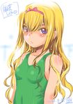  bare_shoulders blonde_hair blue_eyes blush breasts character_request copyright_request dated green_swimsuit hairband inoue_sora long_hair one-piece_swimsuit partially_translated signature small_breasts solo swimsuit translation_request 