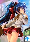  absurdres ass blazer blue_hair blush bow copyright_request crepe eating food highres jacket komatsu_eiji long_hair long_sleeves looking_back plaid plaid_bow plaid_skirt red_eyes skirt solo 