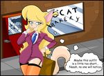  blonde_hair blue_eyes callie_briggs drooling english_text feline female hair long_hair male mammal necktie nightpurity saliva suit suitcase swat_kats text 