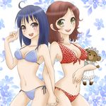  bad_id bad_pixiv_id bikini blue_hair brown_eyes brown_hair exeb. green_eyes highres long_hair multiple_girls original short_hair smile stuffed_animal stuffed_toy swimsuit teddy_bear 