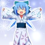  alternate_costume blue_hair blush bow cirno closed_eyes collarbone do_(4-rt) fireworks floral_print hair_bow ice ice_wings japanese_clothes kimono long_sleeves open_mouth outstretched_arms sash short_hair smile solo touhou wide_sleeves wings 