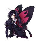  accel_world antenna_hair bare_shoulders black_hair bug butterfly butterfly_wings chibi closed_umbrella dress elbow_gloves frills gloves headband highres insect kuena kuroyukihime long_hair orange_eyes planted_umbrella solo umbrella wings 