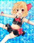  adapted_costume ascot blonde_hair blush chiya hair_ribbon navel open_mouth outstretched_arms red_eyes ribbon rumia sleeveless solo touhou 