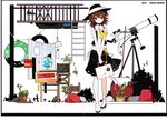  absurdres ascot brown_eyes brown_hair character_name globe hat highres holding ideolo looking_at_viewer plant scan shirt shoes short_hair short_sleeves skirt socks solo telescope touhou usami_renko v_arms vest 