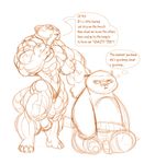  bear biceps bodybuilder breasts clothed clothing dialog dialogue feline female flat_chested kung_fu_panda male mammal master_tigress monochrome muscles muscular_female panda po sketch skimpy stripes text tiger 