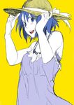  abeshi blue_eyes blue_hair casual dress hair_ornament hairclip hands_on_headwear hat highres looking_at_viewer mahou_shoujo_madoka_magica miki_sayaka open_mouth pale_skin short_hair simple_background smile solo straw_hat sundress yellow_background 