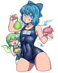  1girl 2girls bangs blue_bow blue_eyes blue_hair blue_swimsuit blush bow breasts cirno collarbone commentary_request covered_navel cropped_legs daiyousei eyebrows_visible_through_hair eyes_closed fairy_wings fang flat_chest green_hair grin hair_bow highres ice ice_wings mini_wings multiple_girls name_tag one-piece_swimsuit one_side_up school_swimsuit short_hair small_breasts smile solo space_jin sweat swimsuit touhou water water_balloon waterfall wings 