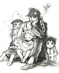  age_regression bird buck_teeth bud_(korovsme) child gakuran graphite_(medium) greyscale hat jean_pierre_polnareff jojo_no_kimyou_na_bouken joseph_joestar_(young) kakyouin_noriaki kuujou_joutarou leg_hug male_focus mohammed_avdol monochrome multiple_boys off_shoulder oversized_clothes school_uniform sleeping squiggle traditional_media younger 