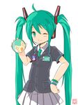  ahoge bracelet employee_uniform familymart green_eyes green_hair hand_on_hip hatsune_miku headset highres jewelry kowiru long_hair name_tag necktie one_eye_closed simple_background skirt smile solo twintails uniform very_long_hair vocaloid white_background 