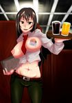  areolae black_hair breastless_clothes breasts crop_top highres jam_nkjm large_areolae large_breasts long_hair lowleg lowleg_pants menu midriff name_tag necktie nipple_piercing nipple_tag nipples original pants piercing safety_pin shirt smile solo tray waitress 