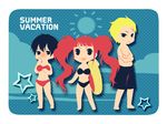  2girls :d bad_id bad_pixiv_id barefoot bikini blonde_hair blue_hair blush chibi crossed_arms embarrassed flat_color hips kujikawa_rise legs lie_(eiru) long_hair male_swimwear multiple_girls open_mouth persona persona_4 red_hair scar shirogane_naoto short_hair smile summer swim_trunks swimsuit swimwear tatsumi_kanji text_focus twintails wavy_hair 