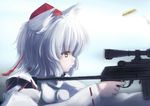  animal_ears casing_ejection firing gun hat inubashiri_momiji profile red_eyes rifle shell_casing silver_hair sniper_rifle solo tokin_hat touhou tsubasa_(abchipika) upper_body weapon wolf_ears 