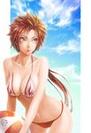  acha ball beachball bikini breasts brown_hair cleavage cloud day flame_print genderswap genderswap_(mtf) green_eyes highres large_breasts lips long_hair navel ponytail sanada_yukimura_(sengoku_basara) sengoku_basara sky solo sweat swimsuit 