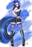  animal_ears belt black_hair blue_eyes blue_hair blue_lips boots clothed clothing corset female gloves hair high_heeled_boots high_heels human legwear lips long_hair looking_at_viewer looking_back makeup mammal simple_background skirt skunk solo standing stockings studded_belt thong underwear yuureikun 