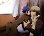  1girl ass bad_id bad_pixiv_id blue_eyes blue_hair couch couple crossdressing grey_eyes grey_hair hetero machinosuke narukami_yuu persona persona_4 school_uniform shirogane_naoto short_hair signature 