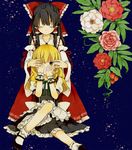  akanasu black_hair blonde_hair bow closed_eyes covering_face detached_sleeves flower hair_bow hair_tubes hakurei_reimu kirisame_marisa long_hair looking_at_viewer multiple_girls touhou wrist_cuffs yellow_eyes 