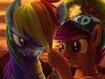  applesarcum bandage blood color cub cutie_mark_crusaders_(mlp) detailed_background duo equine female feral friendship_is_magic hair hat horse mammal multi-colored_hair my_little_pony pegasus pony purple_eyes rainbow_dash_(mlp) scootaloo_(mlp) sunibee sweat tsitra360 wings wounded young 