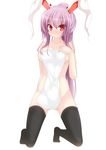  absurdres animal_ears black_legwear breasts bunny_ears chimunge covering highres large_breasts long_hair nude nude_cover purple_hair red_eyes reisen_udongein_inaba solo thighhighs touhou towel 