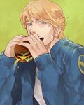  blonde_hair blue_eyes blue_jacket bomber_jacket eating food hamburger jacket keith_goodman male_focus solo suzuki_tsuta tiger_&amp;_bunny 