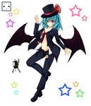  alternate_costume alternate_headwear bat_wings belt blue_hair blush breasts cleavage flandre_scarlet formal hat hat_ribbon highres long_sleeves mary_janes medium_breasts necktie ngirln4 open_clothes open_fly open_shirt pants red_eyes remilia_scarlet ribbon shirt shoes short_hair silhouette solo star suit touhou unzipped wings 