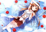  arm_up asuna_(sao) bad_id bad_pixiv_id bare_shoulders blush breastplate brown_eyes brown_hair detached_sleeves flower long_hair looking_at_viewer lying on_back partially_submerged skirt solo sword sword_art_online swordsouls thighhighs water weapon white_legwear 